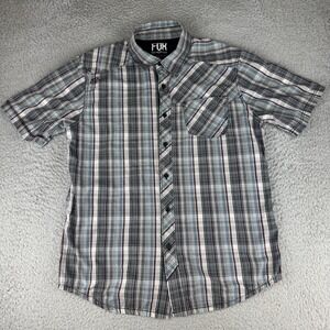 Fox Plaid Shirt Black Blue White Cotton Short Sleeve Button-Up Slim Fit Size M